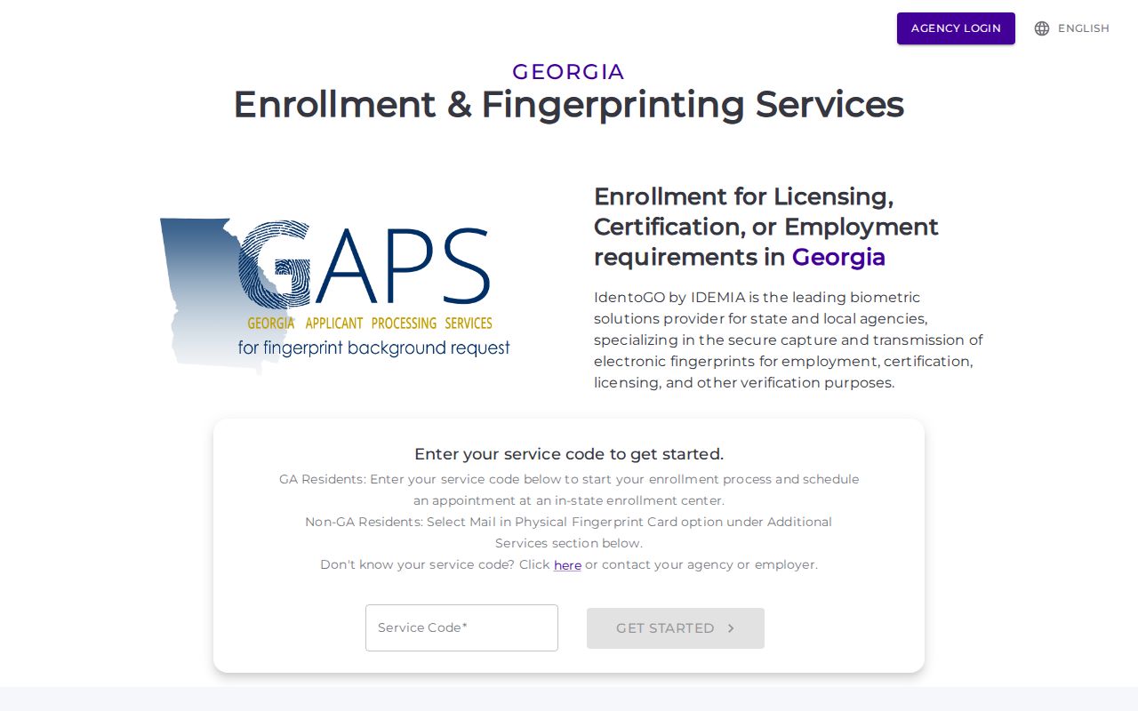 Georgia GAPS IdentoGO fingerprint enrollment page