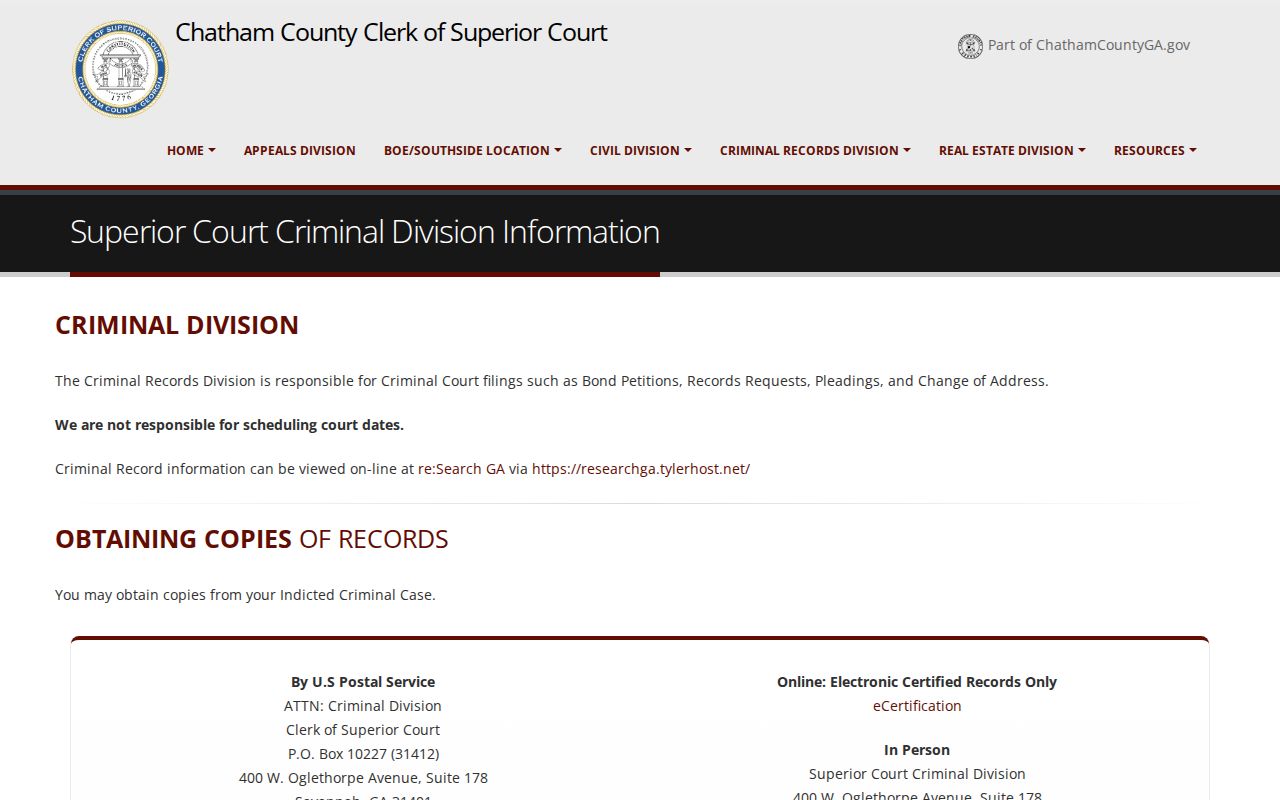 Chatham County Superior Court Criminal Division record request information