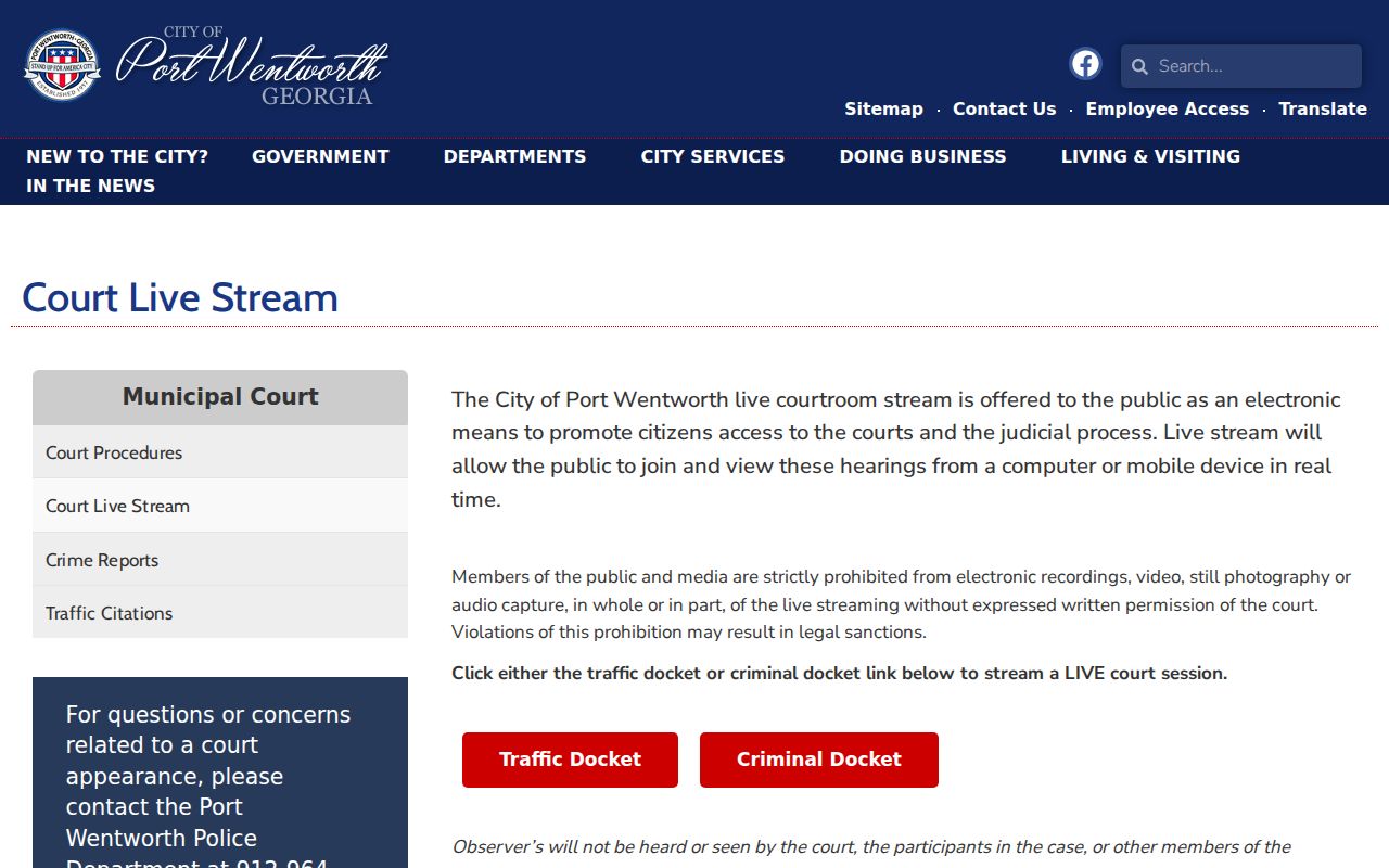 Port Wentworth criminal docket access page in Chatham County